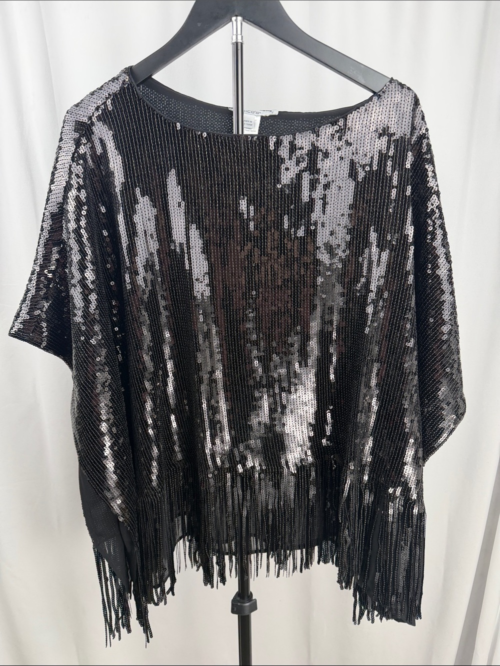 Chico’s Black Sequin Fringe Poncho Top S/M Party Holiday Statement